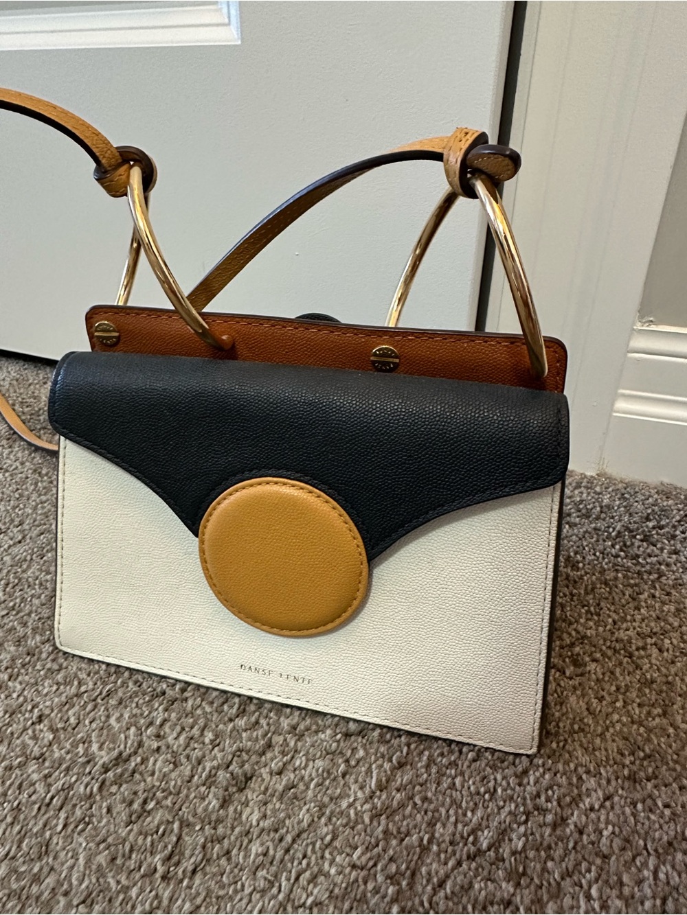 Danse lente Tricolor Leather Satchel in Black, White & Tan